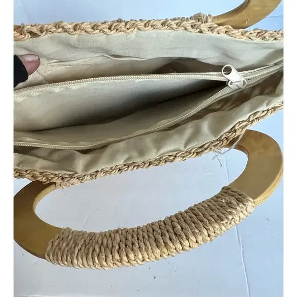 NEW Bohemian Wheat Straw Wood Handle Tan Artisan Handmade‎ Purse Tote Hand Bag - Picture 8 of 8